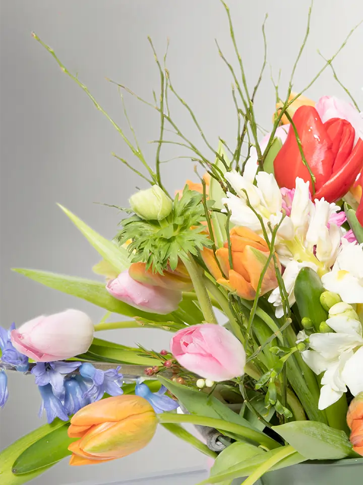 Composizione colorata di tulipani e giacinti dettagli